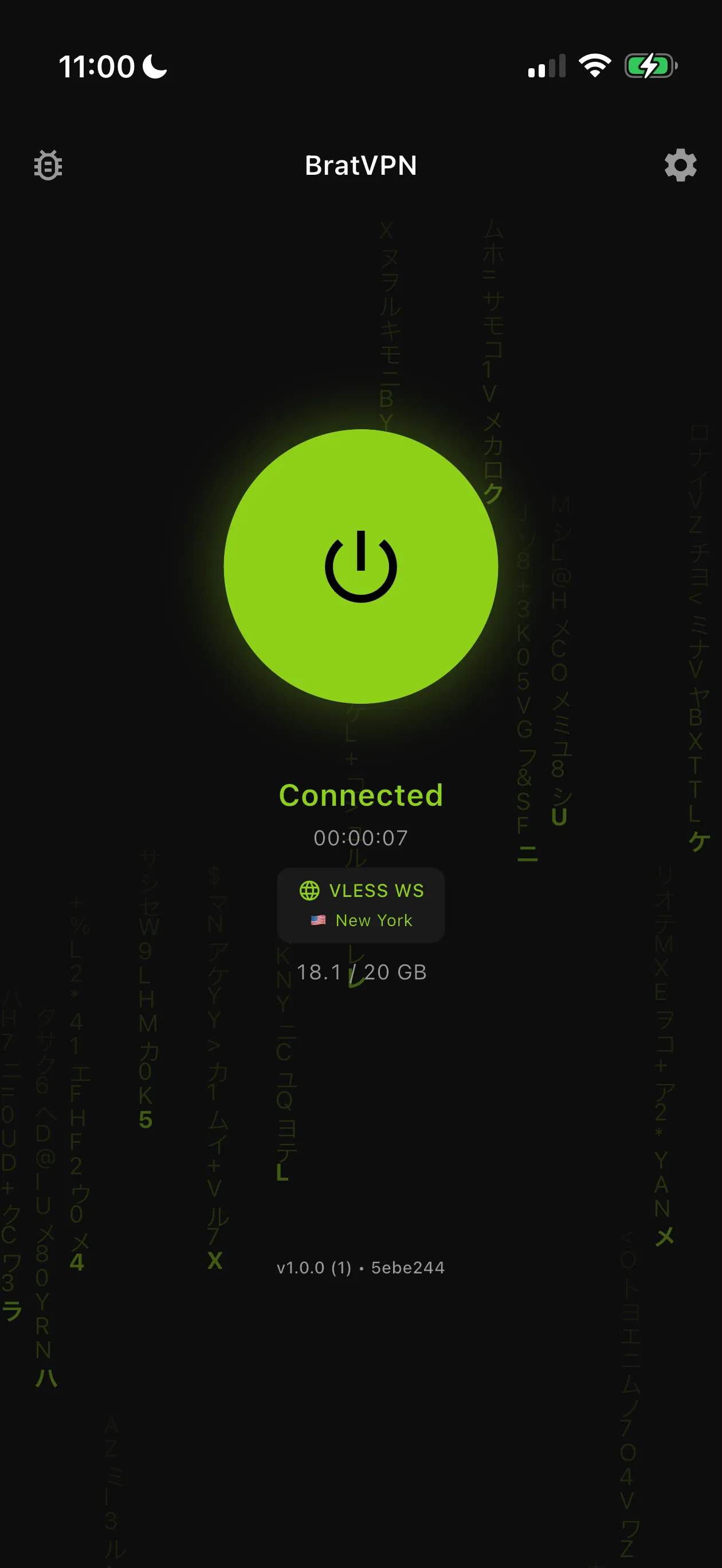 Connected screen in the installed BratVPN app