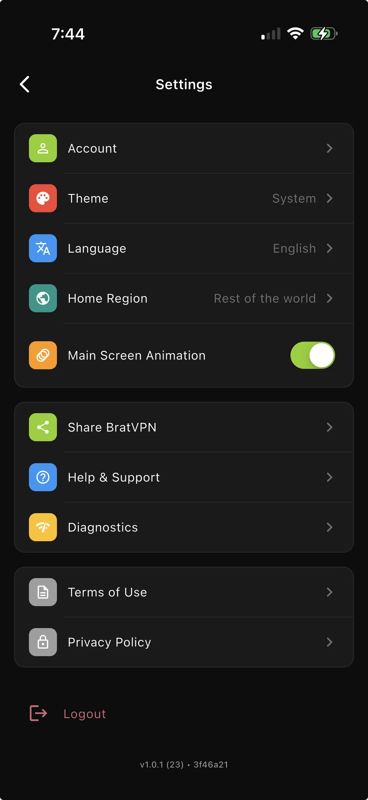 Settings screen in the official BratVPN app